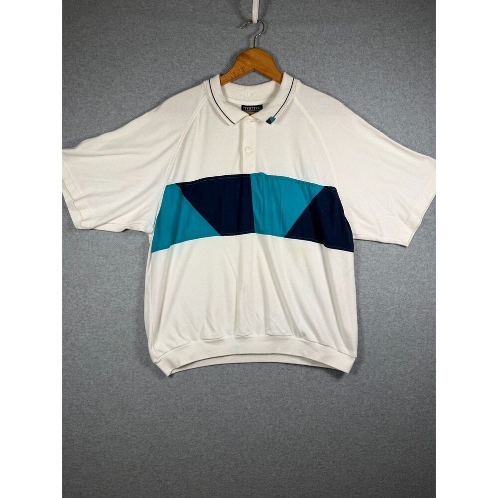 Vintage Jantzen Classics Men’s Large White Teal Navy Colorblock Polo 4356